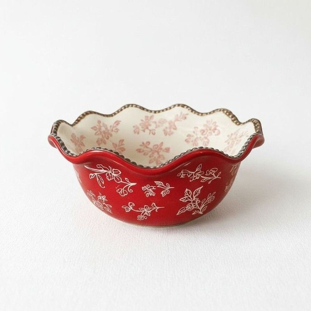 Floral Serving Bowl Unbranded Red White Ceramic Scalloped Rim Beaded Edge